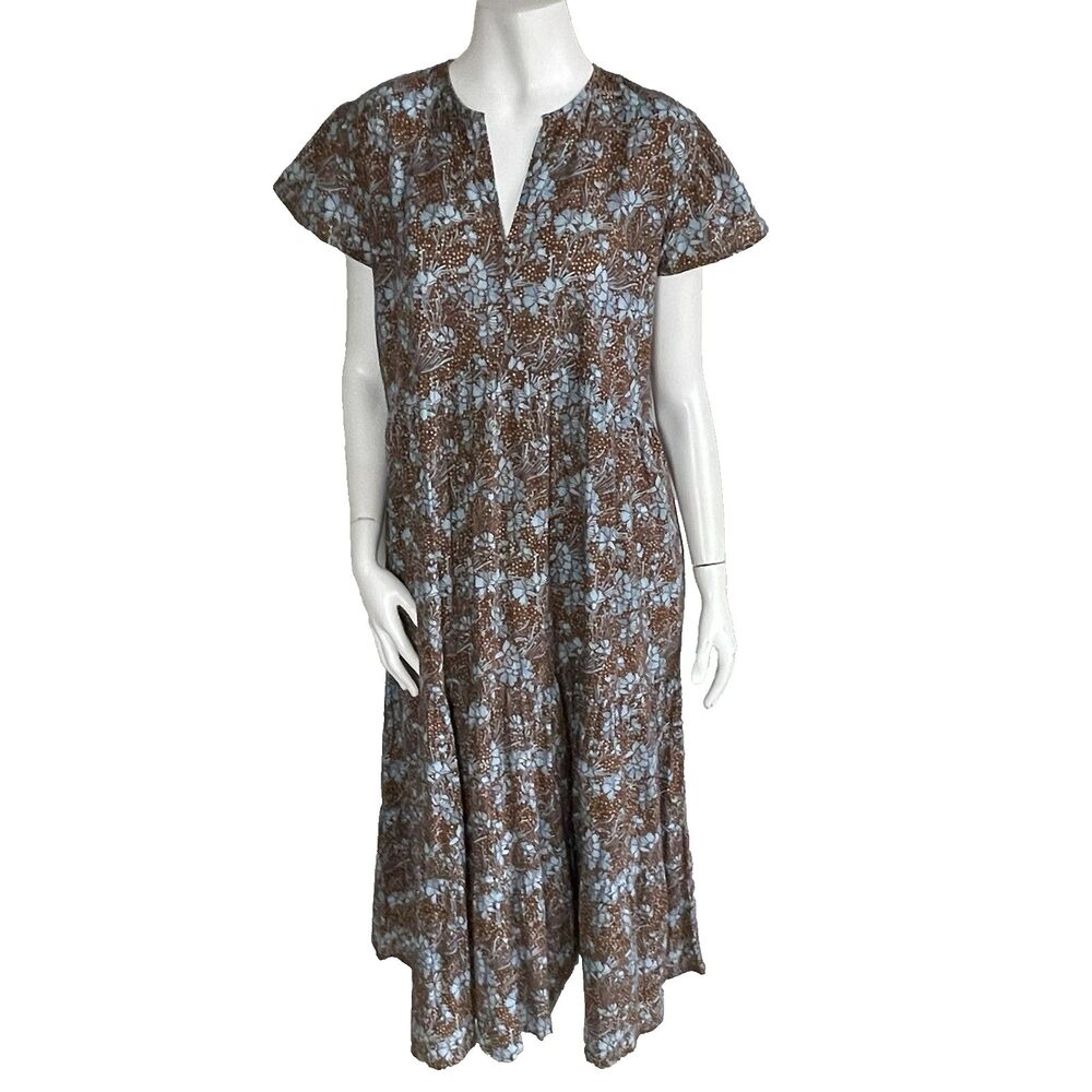Bindu‎ Brown Floral Tiered Midi Dress M Cottage Fairy Earthy Sundress Resortwear
